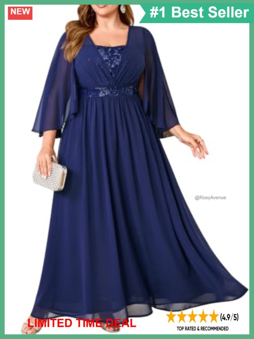 Plus Size Sequin Chiffon Maxi Mother of the Bride Dress Formal Cape Sleeve